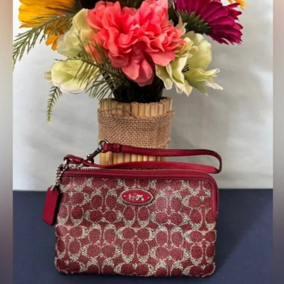 Coach Burgundy & Silver Corner Zip Wristlet - Picture 1 of 4